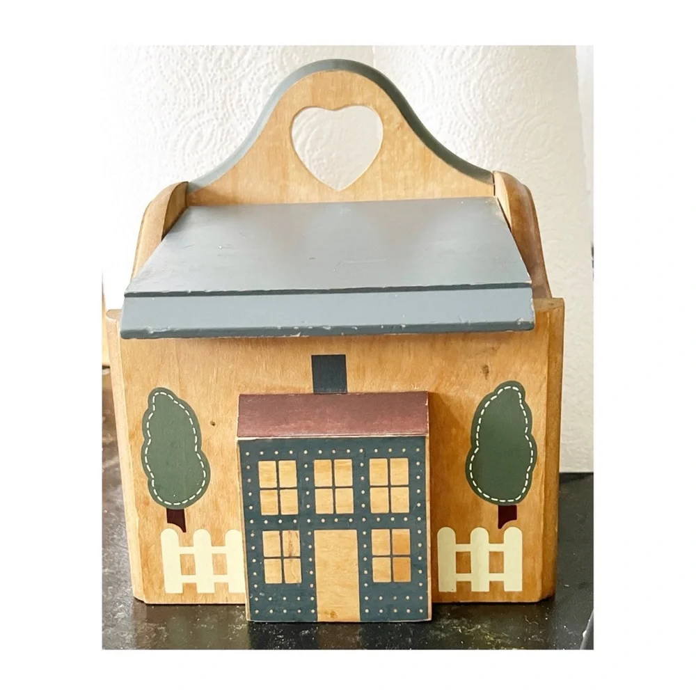 Wood County Wooden House Hinged Lid Primitive Folk Farm Blue House Salt Recipe